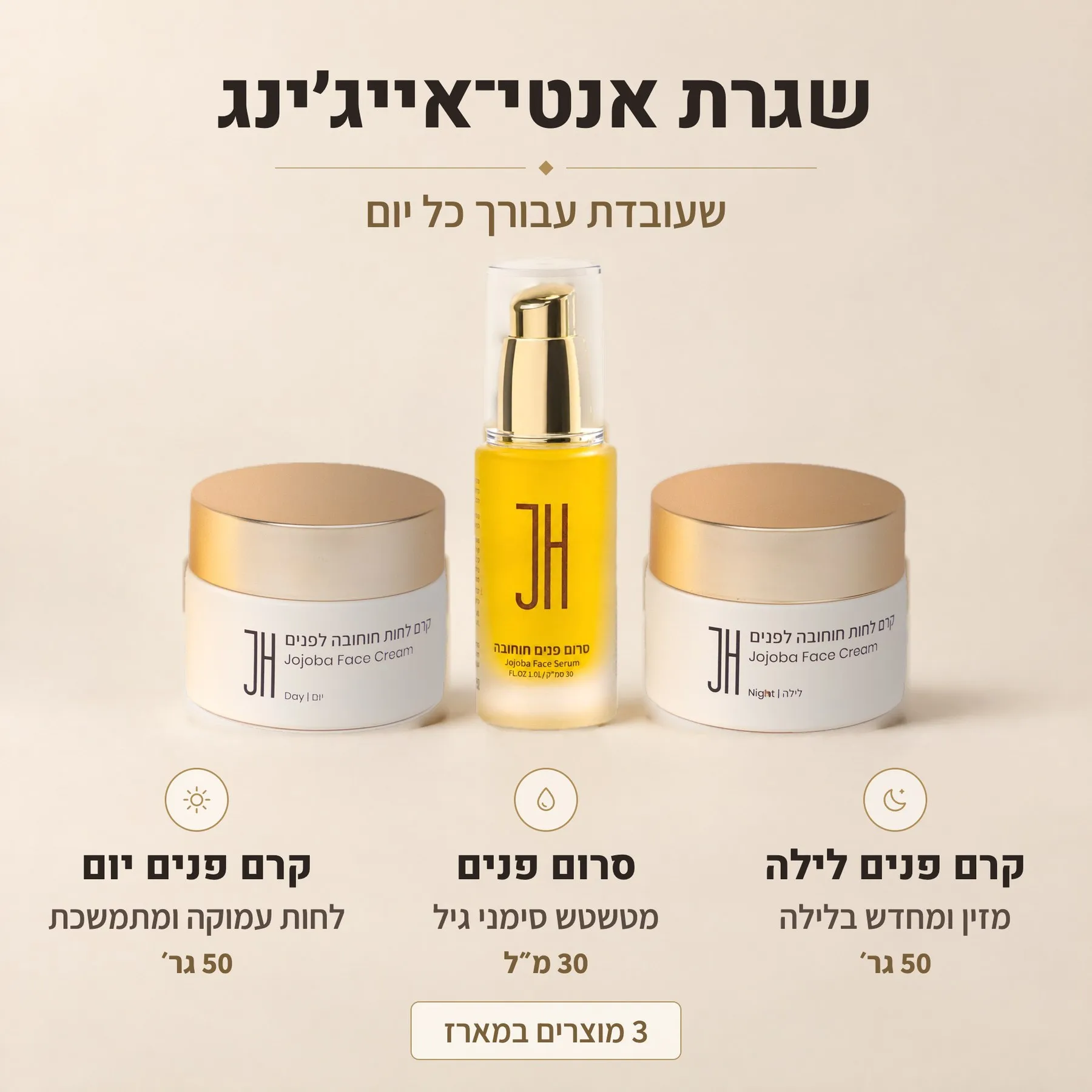 שגרת אנטי־אייג׳ינג שעובדת עבורך כל יום: קרם פנים יום 50 גר׳, סרום פנים 30 מ״ל וקרם פנים לילה 50 גר׳