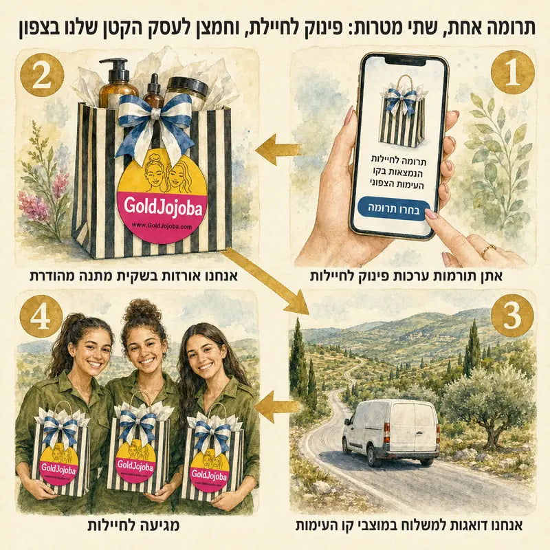 איך זה עובד בארבעה שלבים: 1 אתן תורמות ערכת פינוק באתר · 2 אנחנו אורזות אותה בשקית מתנה מהודרת של גולד חוחובה · 3 אנחנו יוצאות לדרך ומעבירות את הערכות בצפון · 4 הערכה מגיעה לידיהן של החיילות